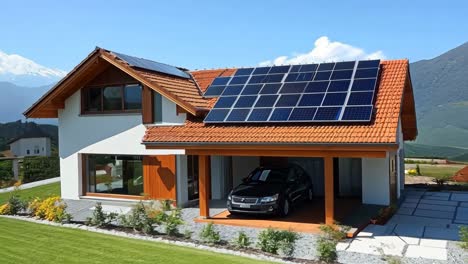 una casa con paneles solares en el techo y un coche estacionado delante de ella