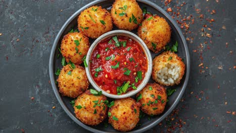 Delicious-Italian-Rice-Balls-With-Tomato-Sauce-On-Plate