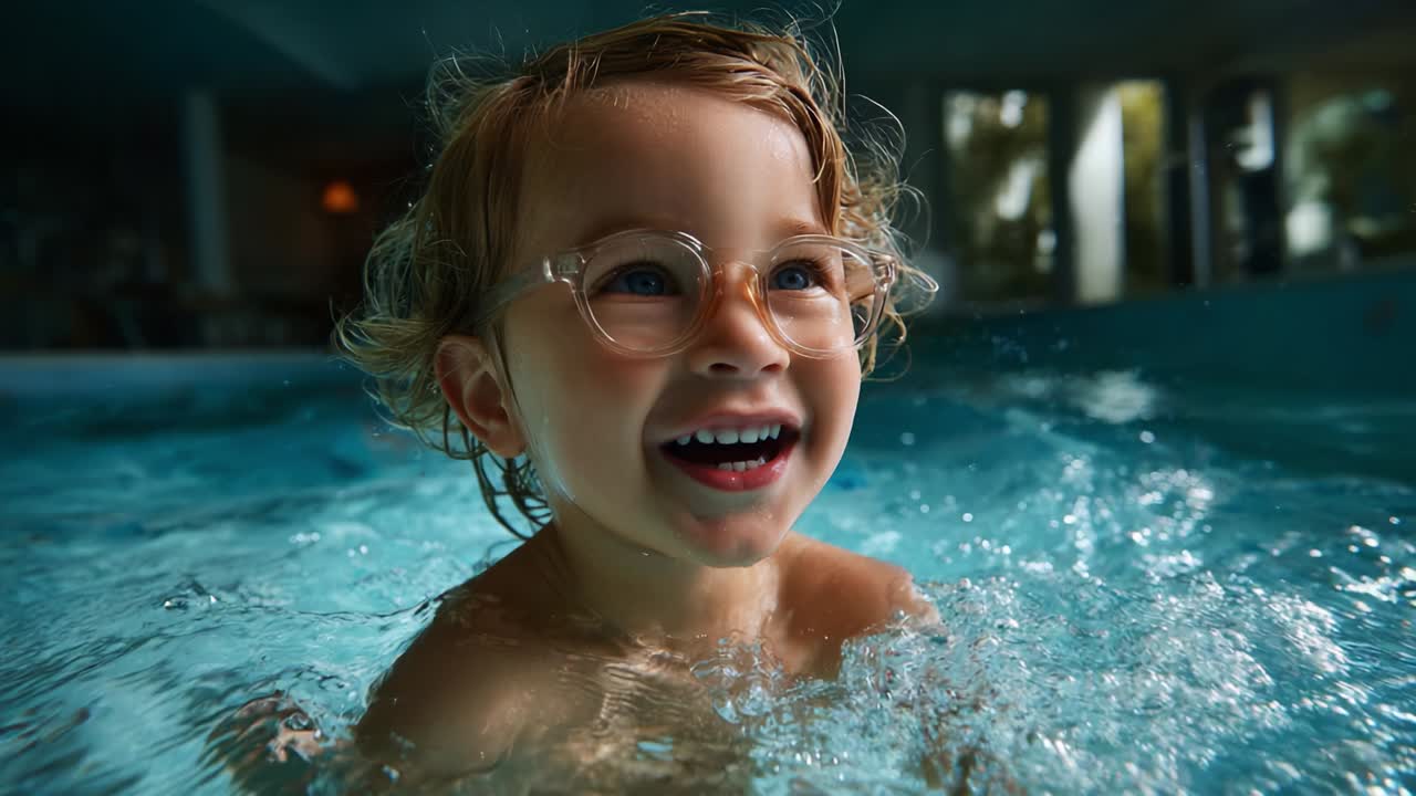 Joyful Child Swimming in Crystal Clear Water, Smiling Radiantly, Captured in a Tranquil Indoor Pool Setting, Highlighting the Pure Delight of Youthful Playfulness and Innocence