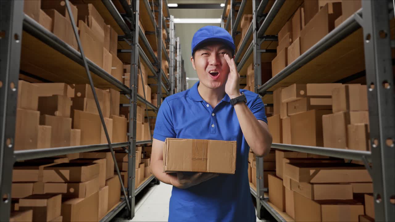 mensajero masculino asiático en uniforme azul sonriendo y hablando con la cámara mientras entrega un cartón en el almacén