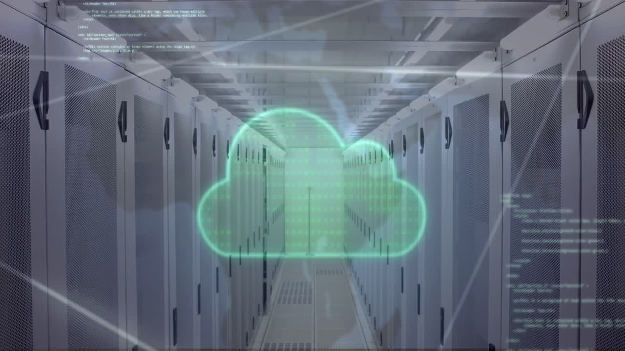 animación de la nube, la red de conexiones y el procesamiento de datos a través de la sala de servidores