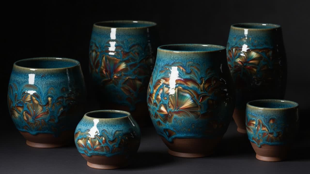 A Stunning Collection of Handcrafted Ceramic Vases: Showcasing Intricate Artistry and Rich Colors in a Striking Display of Natural Beauty