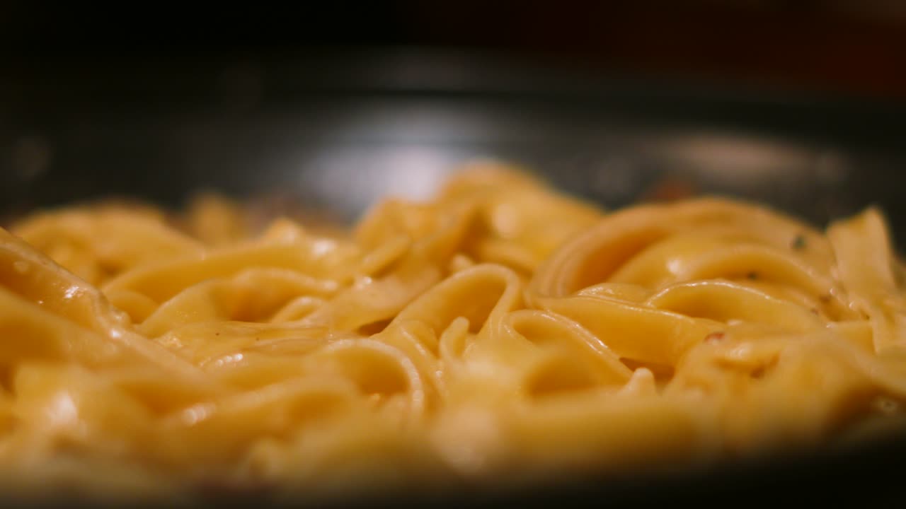 Close Up Details of Creamy Italian Mushroom Pasta in Dish After Cooking Ready to Plate and Serve 4K