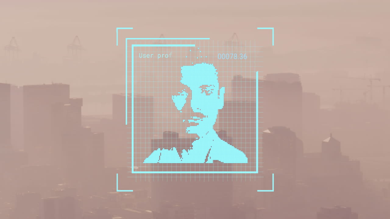 animação de foto biométrica e processamento de dados sobre a paisagem urbana