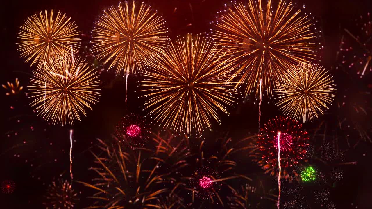 Brightly colorful fireworks for new year and other events celebration on dark background seamless