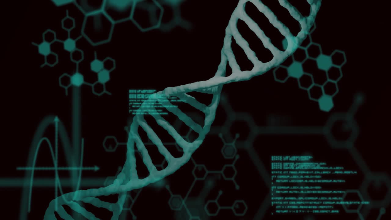 DNA strand and binary coding processing scientific data in animation scene