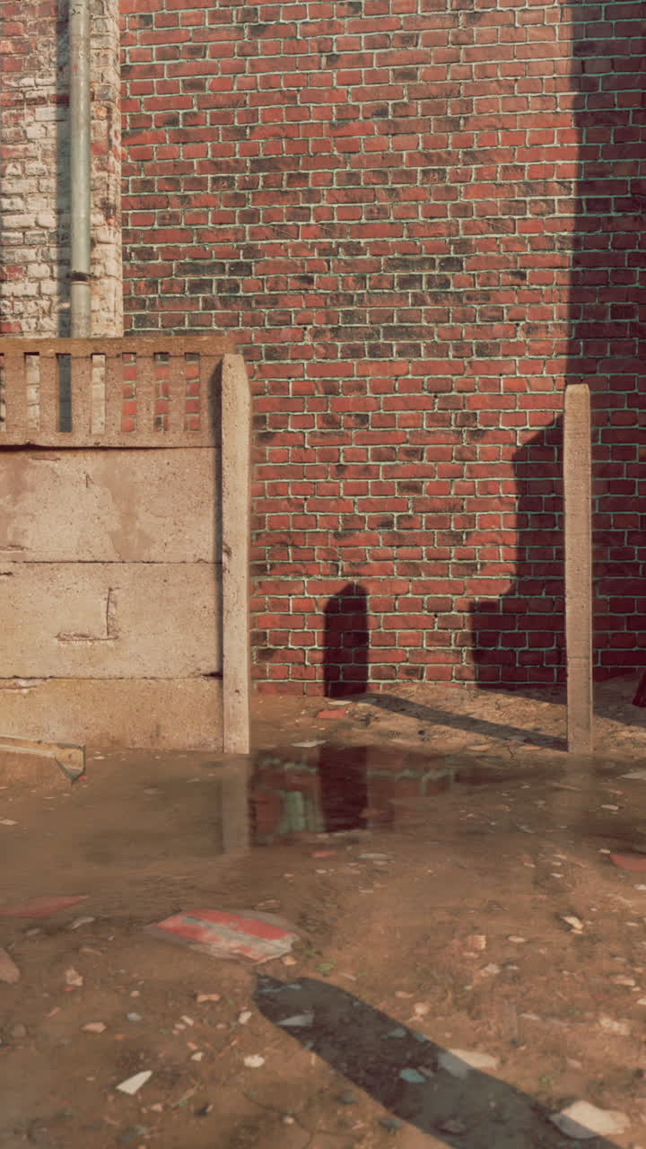 벽돌 벽과 지상에 웅이가 있는 건물