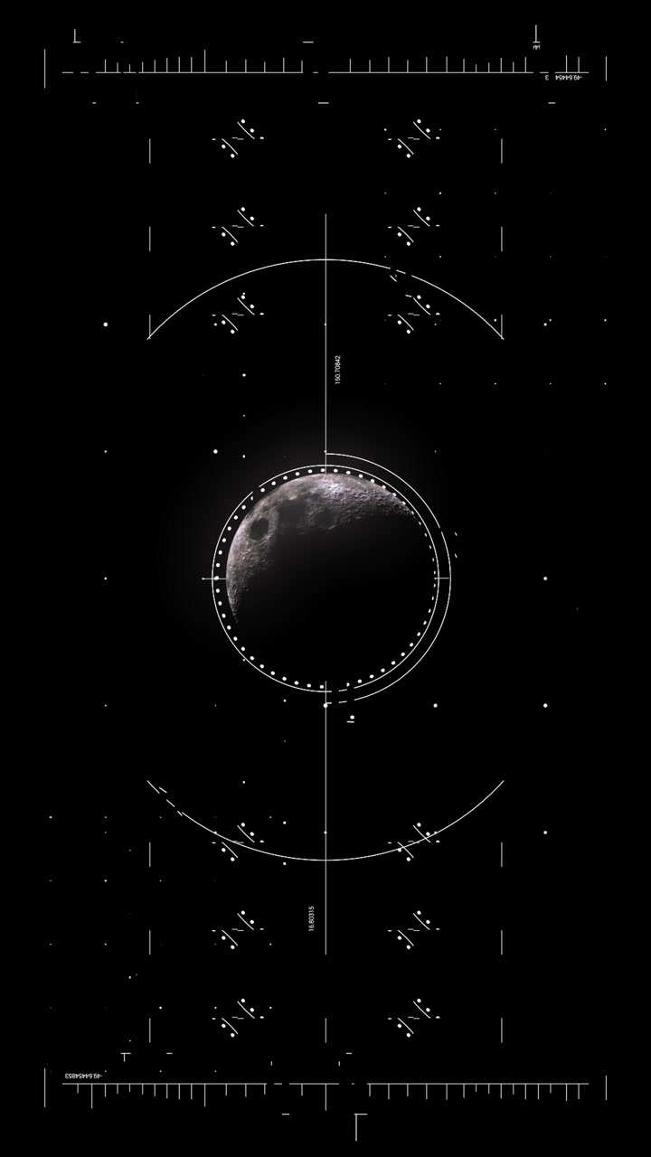 Futuristic HUD with circular targeting system scanning a half moon against a starry background