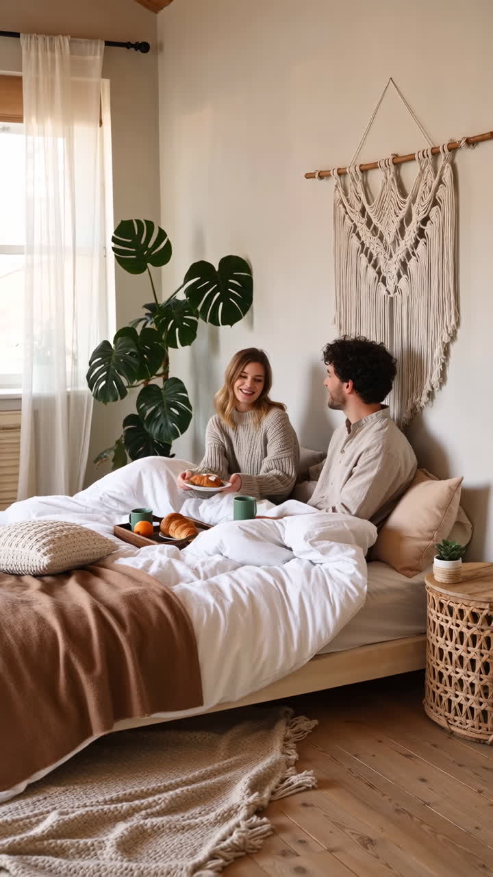 pareja disfrutando del desayuno en la cama