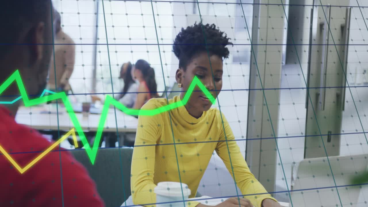 Animation of financial data processing over diverse business people discussing work at office