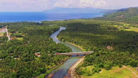 scenic view of countryside landscape with river and lush green vegetation at daytime - aerial drone shot