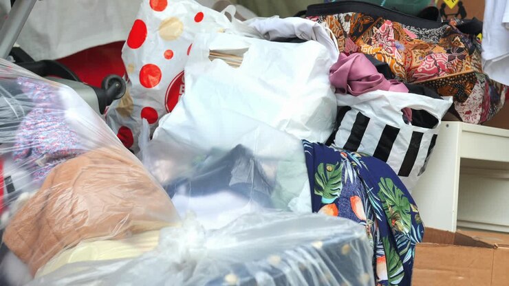 Dumped donated items in a large container outdoor ,