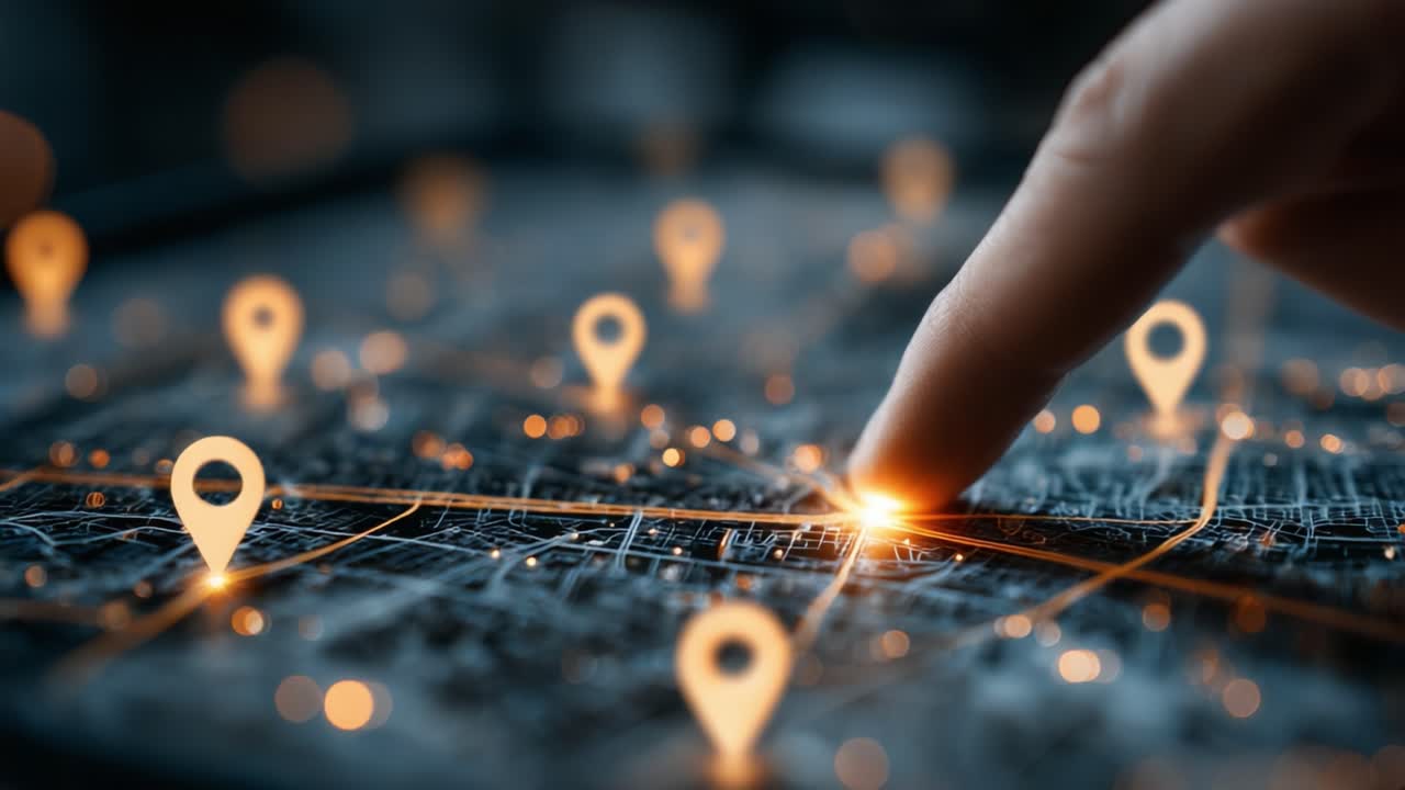 A Close-Up Interaction with a Digital Map Display featuring Geolocation Pins Highlighting Points of Interest and Routing Paths for Exploration and Navigation