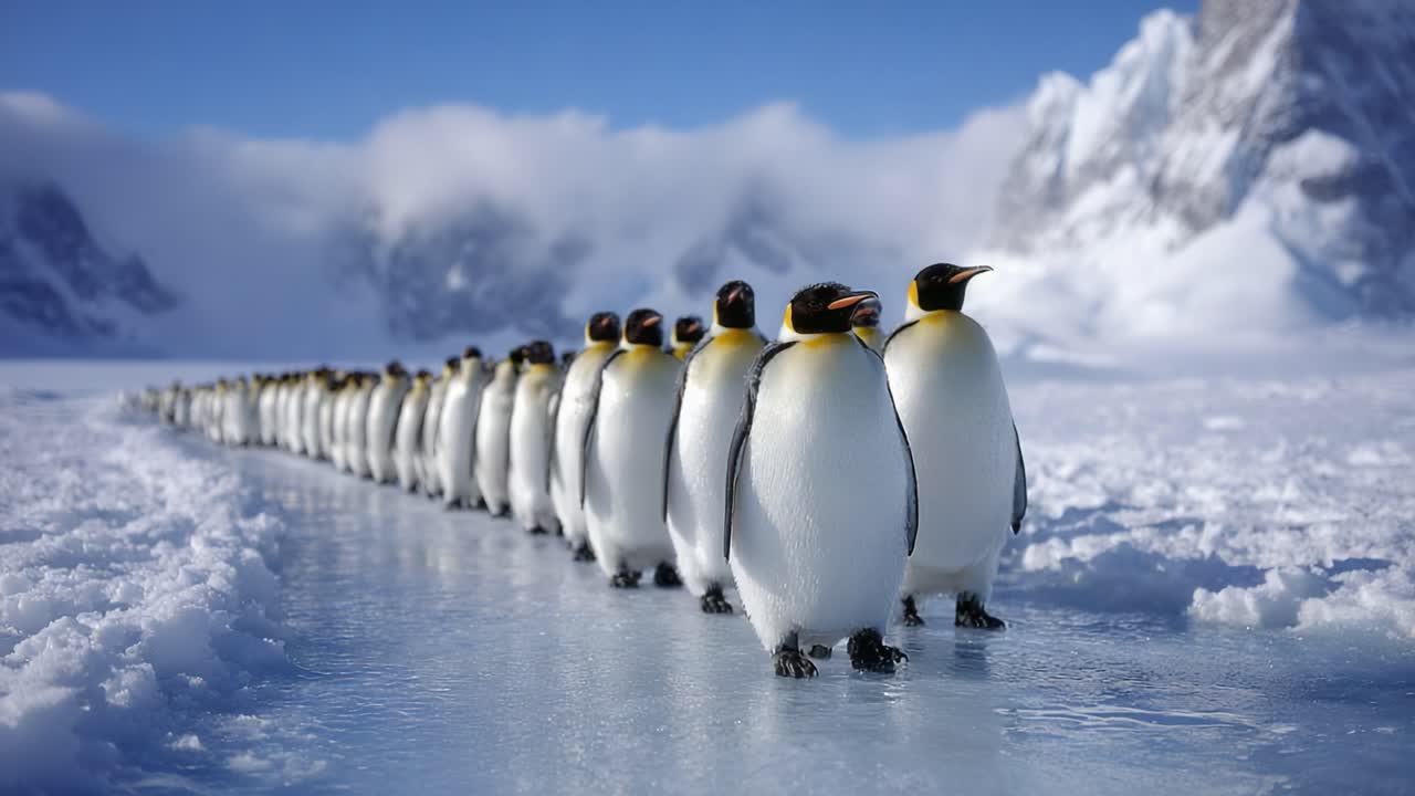 A Majestic Line of Emperor Penguins Marching Across an Icy Landscape Against a Stunning Background of Snow-Capped Mountains and a Clear Blue Sky
