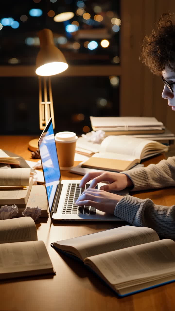 Student working on laptop and studying with books late at night
