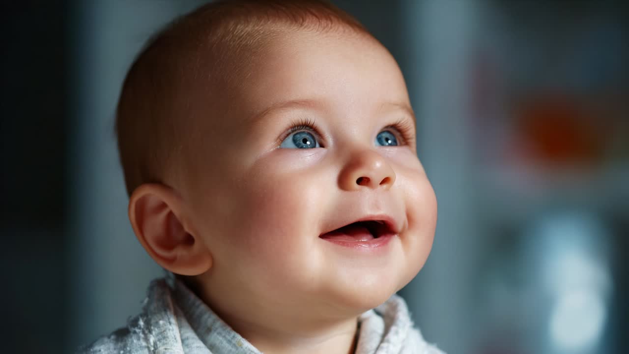 Joyful Baby's Expression Captured in Beautiful Lighting, Showcasing Bright Blue Eyes and a Heartwarming Smile, Highlighting Innocence and Happiness in an Adorable Close-Up Portrait