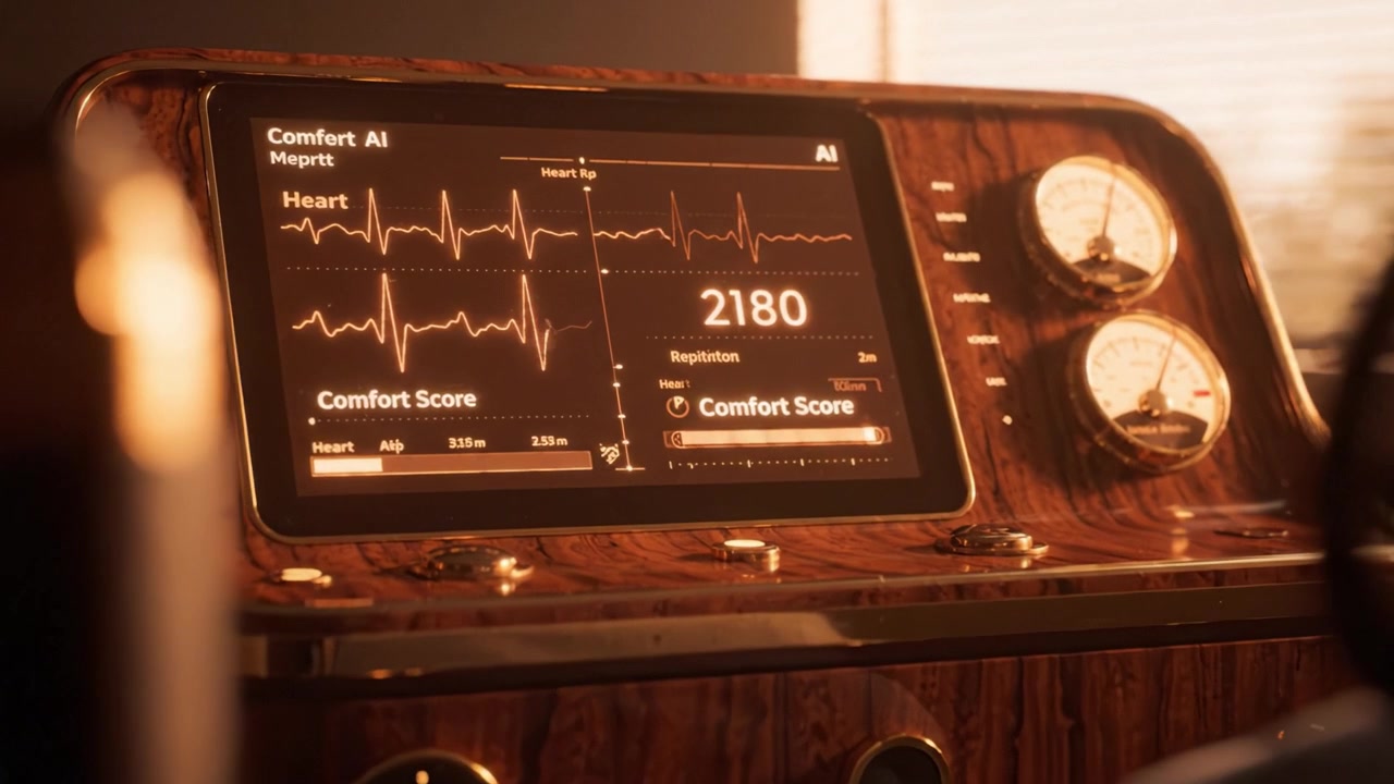 Monitor cardiaco AI avanzato che mostra statistiche vitali e punteggi di comfort in un contesto clinico, con grafici dettagliati della frequenza cardiaca e output di dati analitici.