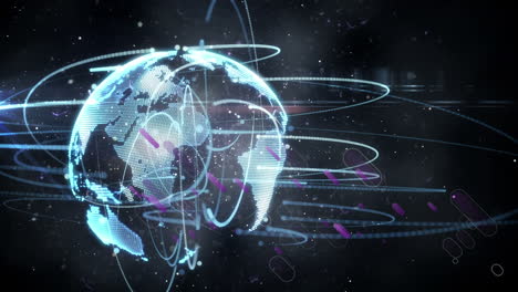animation of network of connections, purple lines and globe over black background