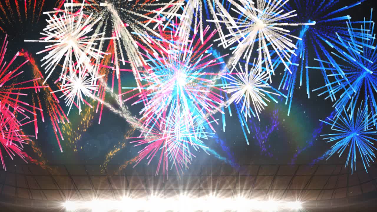 검은 바탕에 폭발하는 다채로운 불꽃놀이와 스포트라이트의 애니메이션