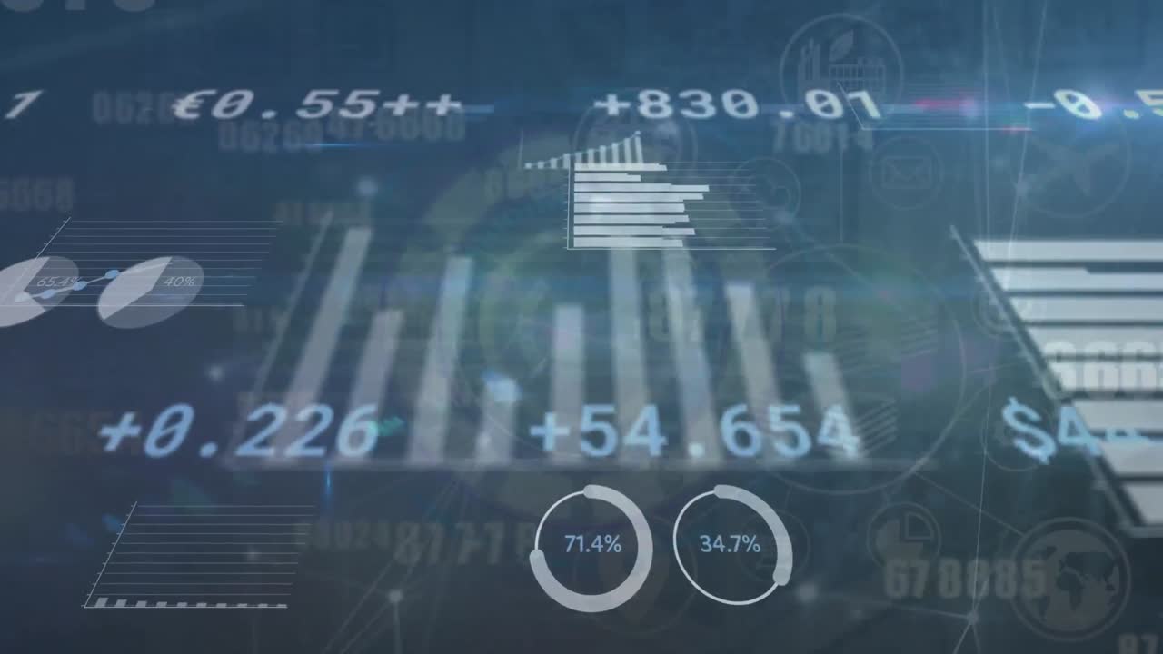Animation of multiple graphs, numbers, currency signs over scanning circles