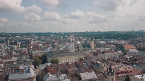 Aerial-drone-footage-of-european-city-Lviv,-Ukraine.-Flight-above-popular-ancient-part-of-old-town