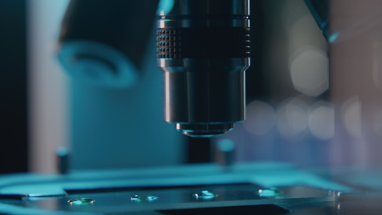 Examining Sample under Microscope Objective Lens in Laboratory with Blue Light