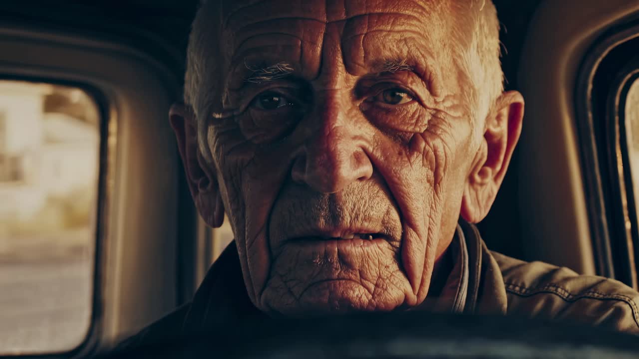 Close-up video still of an elderly man in a car, capturing a thoughtful expression