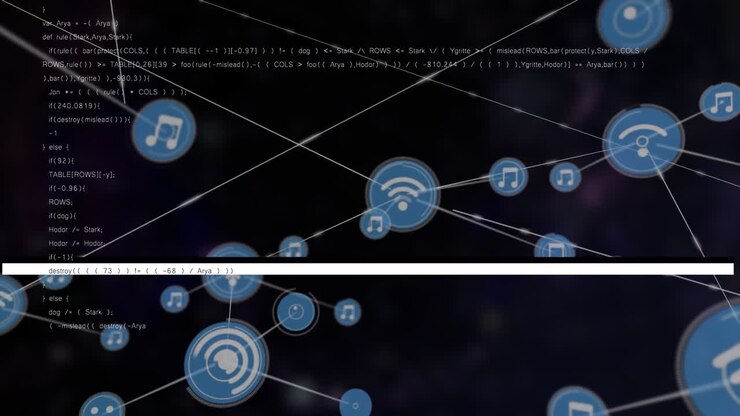 Animation af bevægelige linjer, forbundne ikoner over computersprog mod abstrakt baggrund