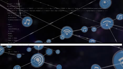 animación de líneas en movimiento, iconos conectados a través del lenguaje informático contra un fondo abstracto