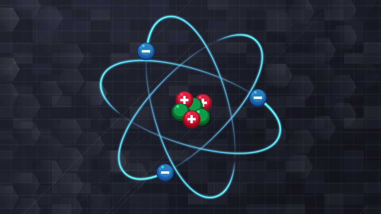 Animated atom model rotates, showing nucleus and electrons orbiting on glowing paths, dark hexagonal background