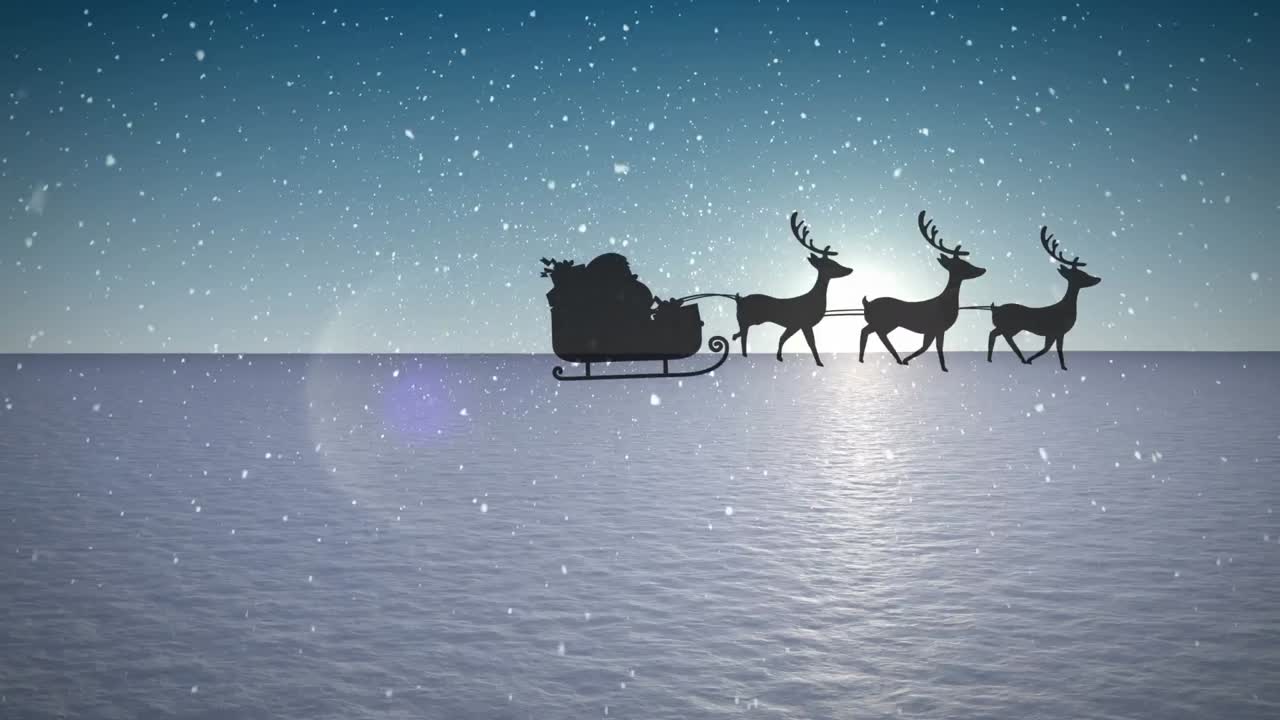 animación de nieve cayendo sobre santa claus en trineo con renos y paisaje de invierno