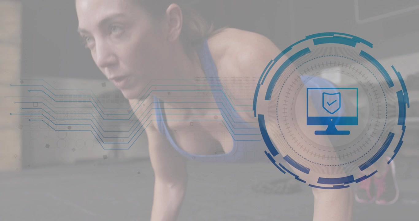 Woman holding pushup and exhaling, pressing up for fitness, HUD covering right showing screen icon