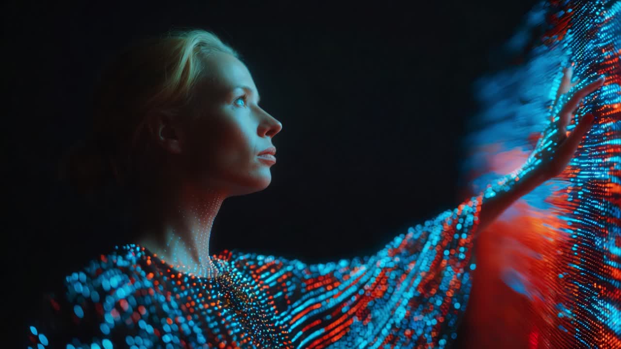 A captivating visual journey featuring an illuminated figure enveloped in vibrant blue and orange lights, exploring the interplay of art and technology through dynamic motion and expression