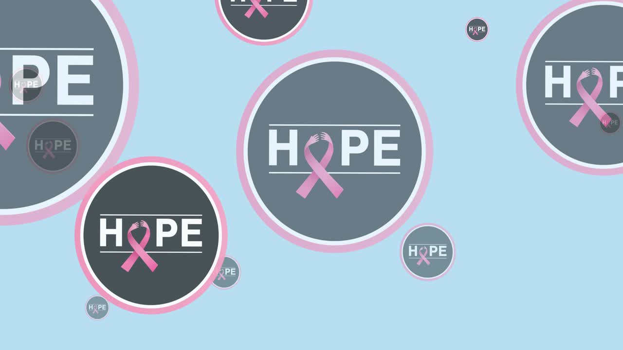 여러 개의 분홍색 리본 로고와 파란색 배경에 날아다니는 희망 텍스트의 애니메이션