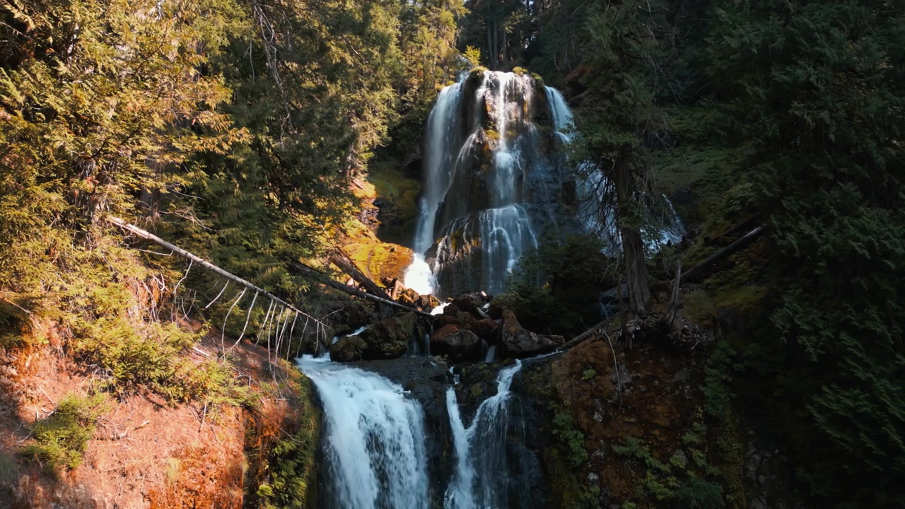 Inquadratura aerea di stabilizzazione delle cascate di Falls Creek e del canyon boscoso con cascate a più livelli, orbita di parallasse del drone.