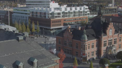 long shot of umeå city centre, sweden, seen from hotel window