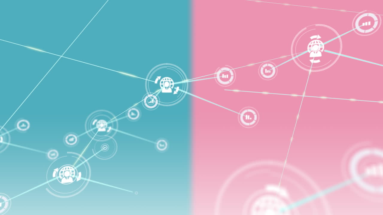 다채로운 배경 위에서 글로벌 커뮤니케이션을 나타내는 인간 아이콘의 애니메이션 3d 일러스트레이션