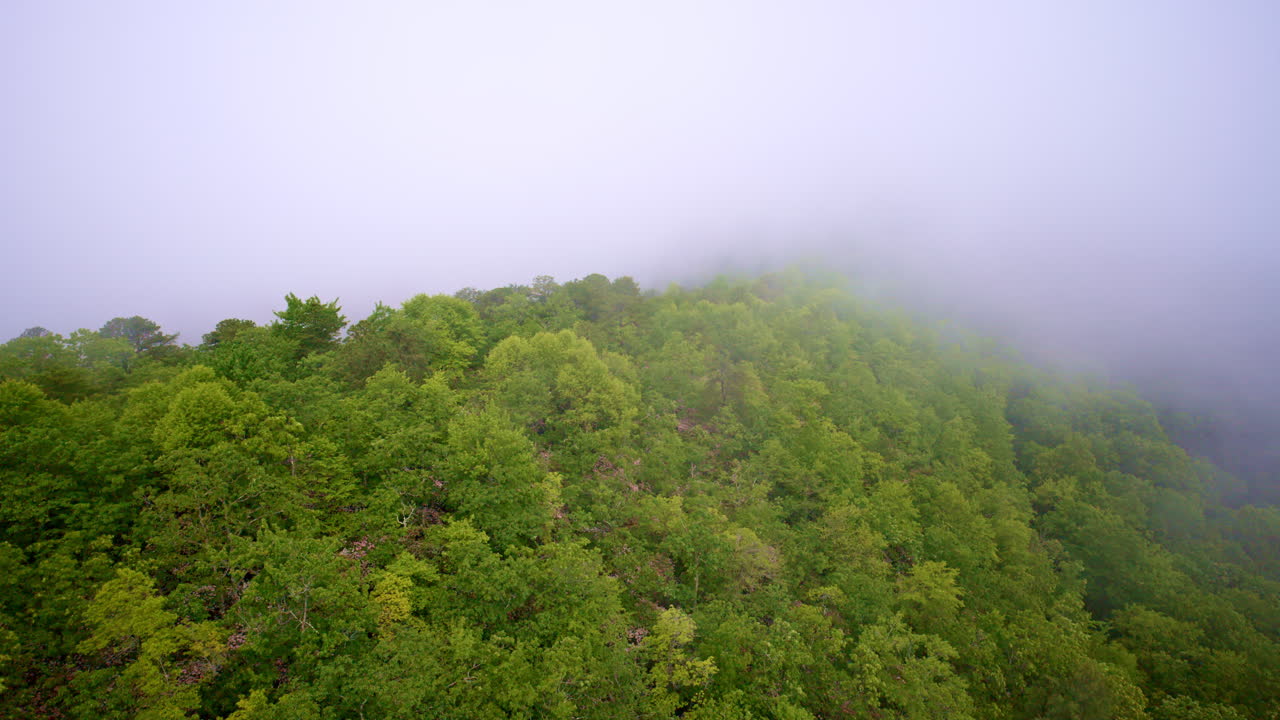 Aerial cinematic glide across misty mountain horizons