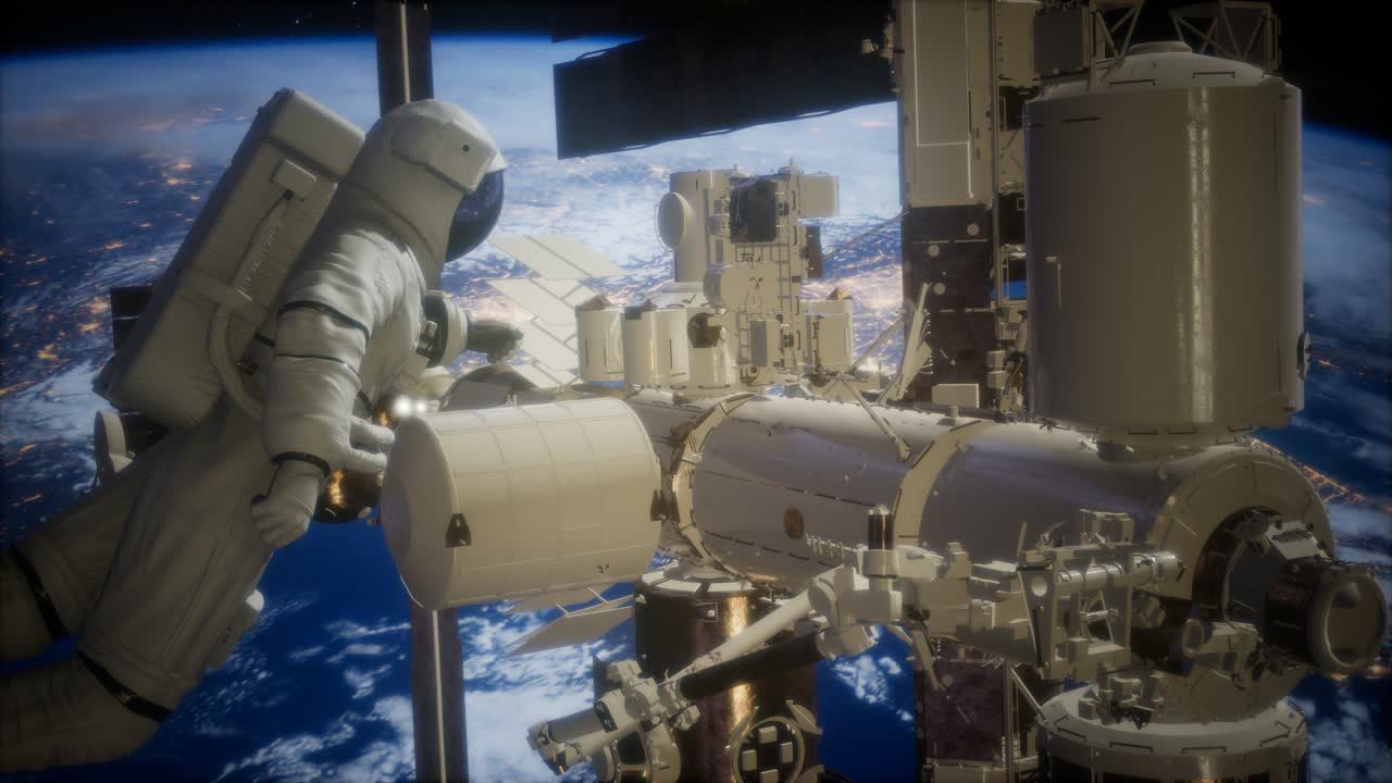 지구 위의 우주 공간에 있는 국제 우주 정거장과 우주 비행사