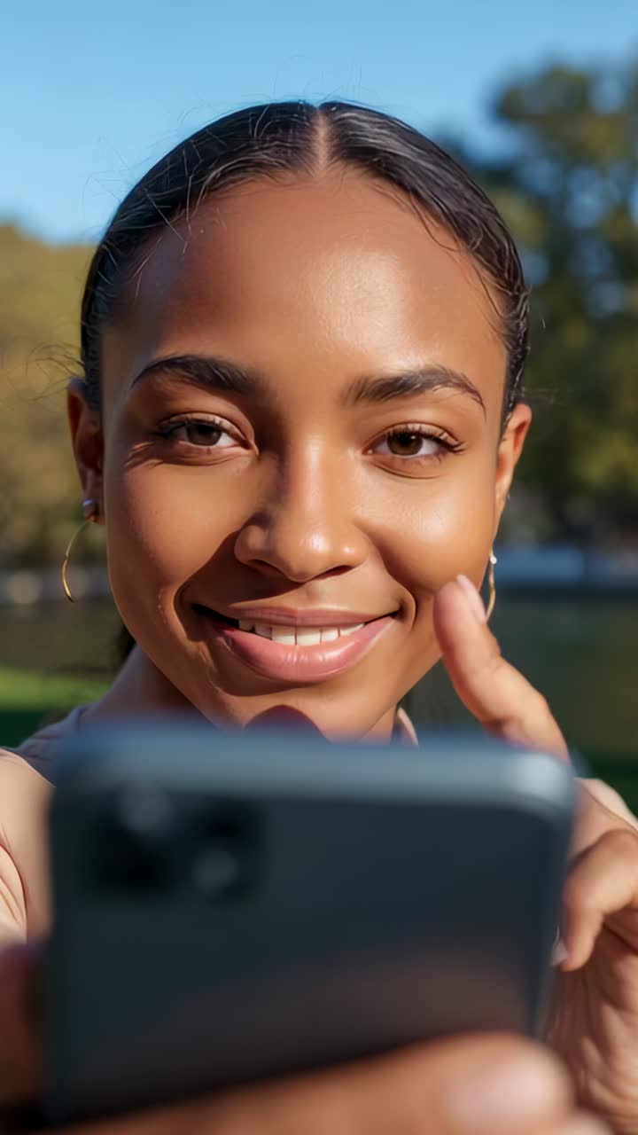 Vertical video: Holding smartphone woman filming selfie while tapping cheek at park, wearing hoops