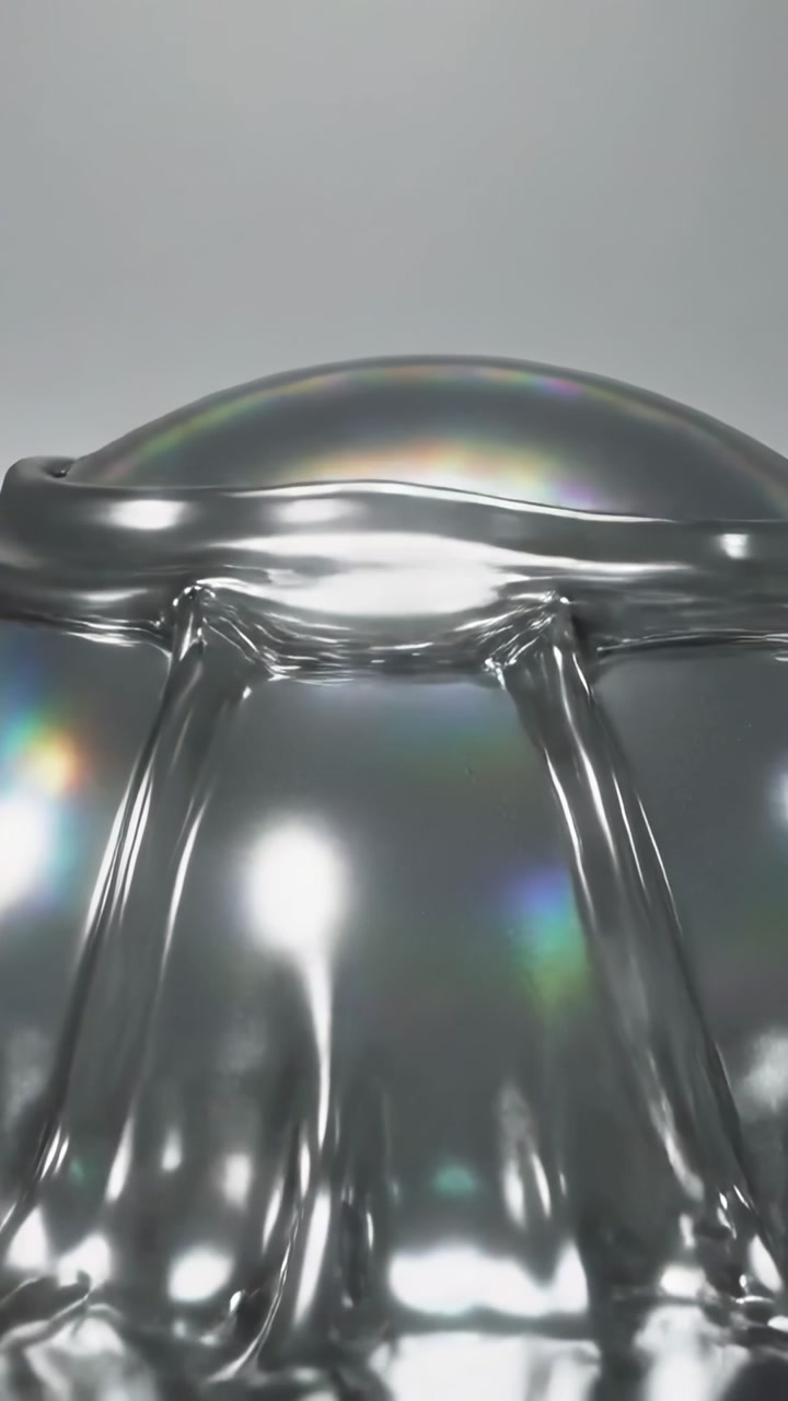 Vertical video: Central bump appearing, metallic fluid bulge rising on studio tray, forming sphere