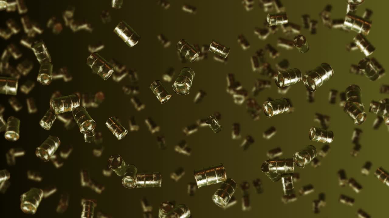 volando muchos tambores de combustible viejos en fondo marrón. industria química, barriles de metal. animación 3d del tanque de petróleo girando. animación de bucle.