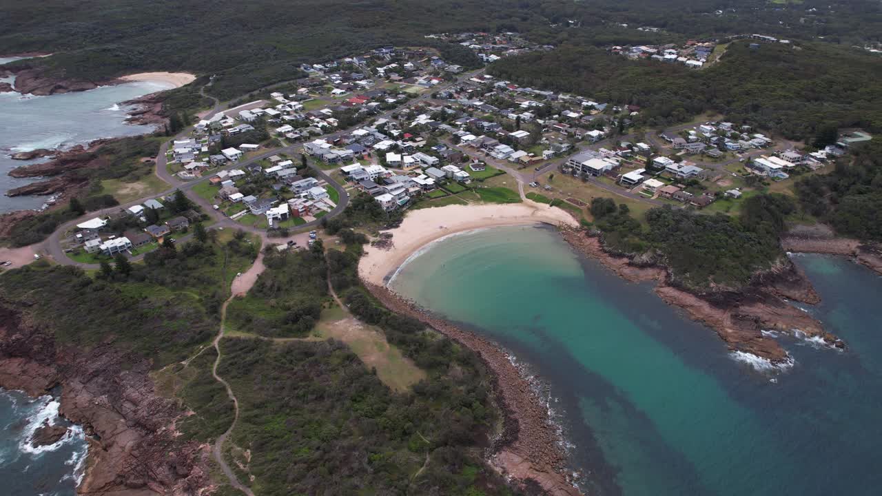 Beaches Of Boat Harbour And Kingsley In Port Stephens, New South Wales, Australia. aerial panning shot