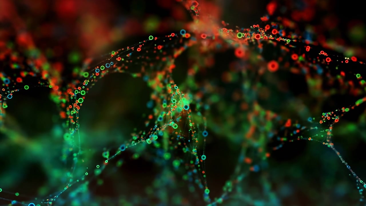 Neon-Partikelnetzwerk bildet DNA-Helix, leuchtende rote und grüne Knoten erzeugen mikroskopisches Gitter, fließende Daten.
