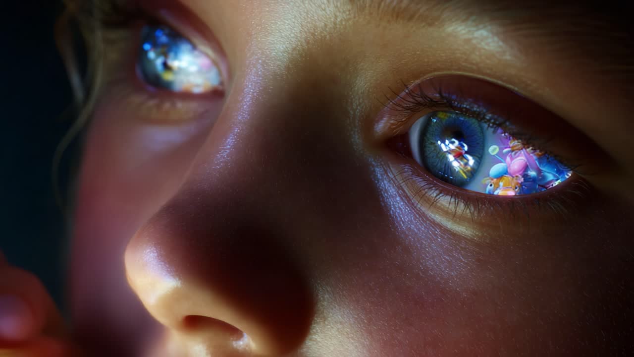 A Close-Up of a Child's Eyes Capturing the Magic of Imagination: Reflections of Colorful Characters and Fantastical Worlds, Echoing Innocence and Wonder in a Beautifully Rendered Moment