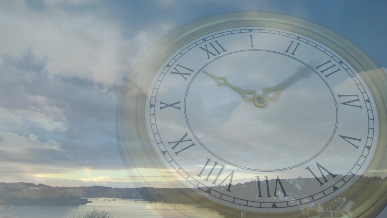 Low sun moving, starting clear clock rotating, hands sweeping clockwise, marking time over water