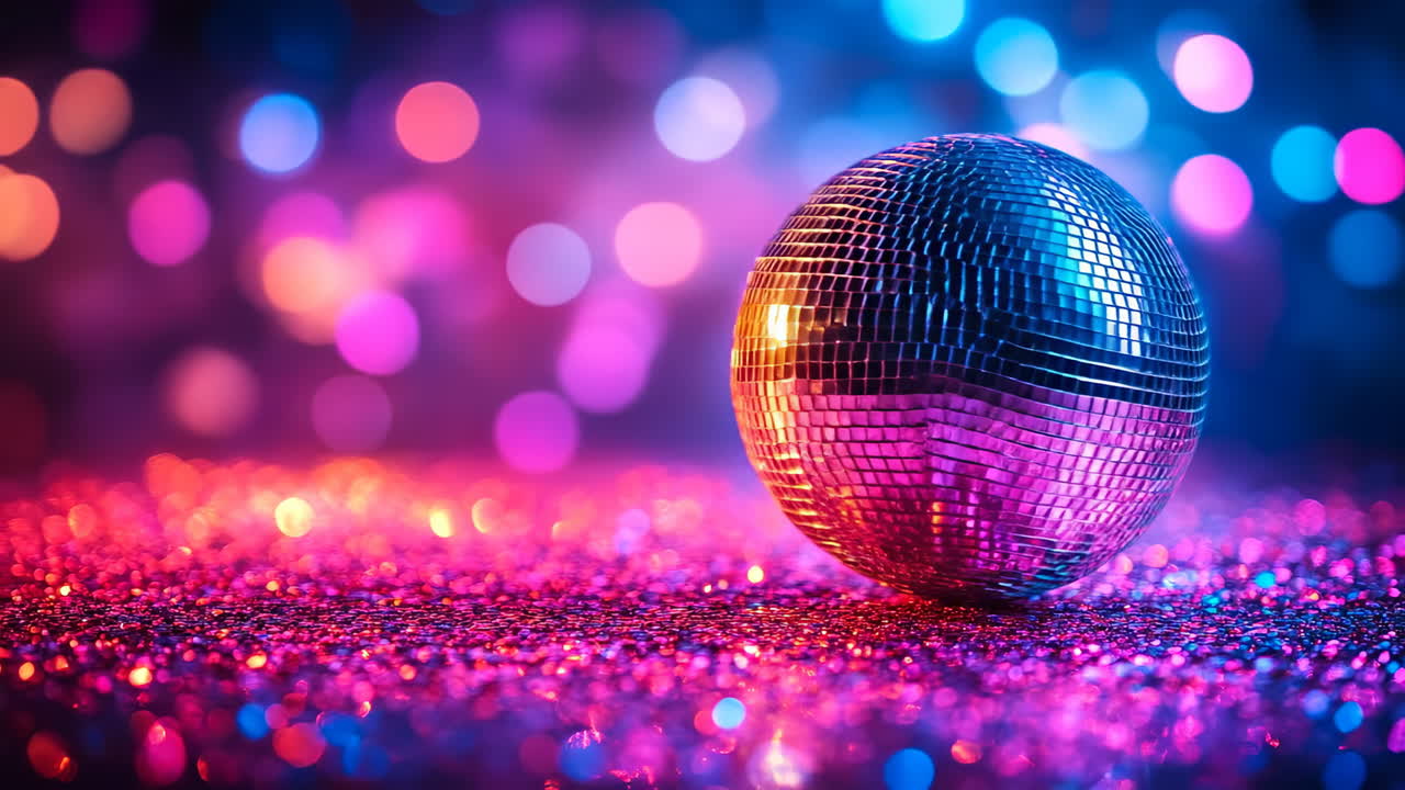 Disco ball shining at a vibrant party. A sparkling disco ball reflects colorful lights during a lively party. The atmosphere is energetic and festive