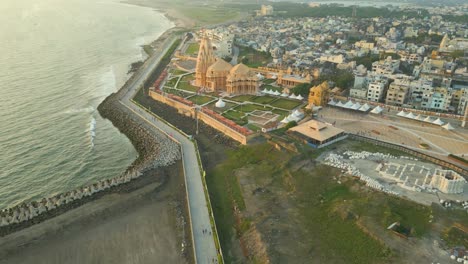 aerial view of a coastal temple city in india