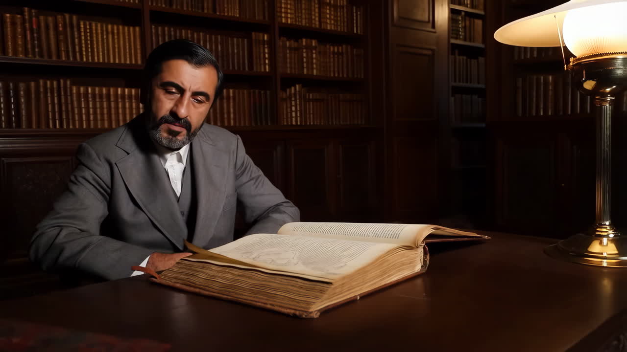 Man Reading an Antique Book in a Grand Library