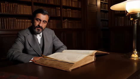 man reading an antique book in a grand library